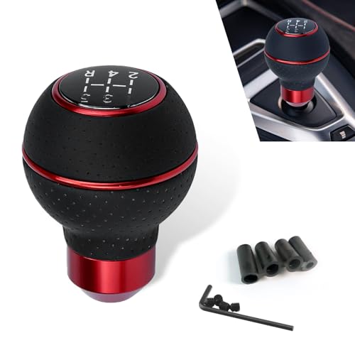 Qurbuns Car Leather Gear Shift Knob, 5/6 Speed Manual Vehicle Gearbox Shifter Lever with 5 Shift Sticker, Ball Shape Shifting Stick Replace Part with 8/10/12mm Mounting Bracket for Cars (Red)
