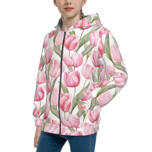 Hand Painted Tuilp Kids Pullover Hoodies Boys Zip Up Sweatshirts Girls Athletic Clothes with Pocket