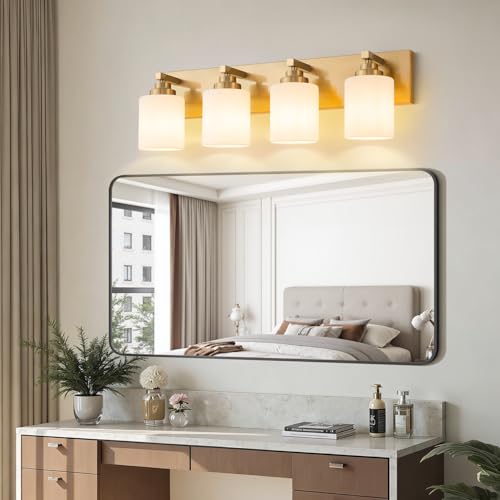 Image of Vanity Lights for Bathroom, 4-Light Brushed Gold Bathroom Vanity Light Over Mirror with Milky White Glass Shades, Modern Bathroom Light Fixtures for Living Room Hallway Cabinet (Bulbs Not Included)