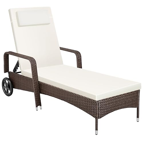 TecTake 801041 Tumbona de ratán y Aluminio para jardín, Asiento de ratán sintético para terraza con Ruedas y Respaldo Ajustable, Mobiliario de Exterior para Piscina (marrón-Mezcla)