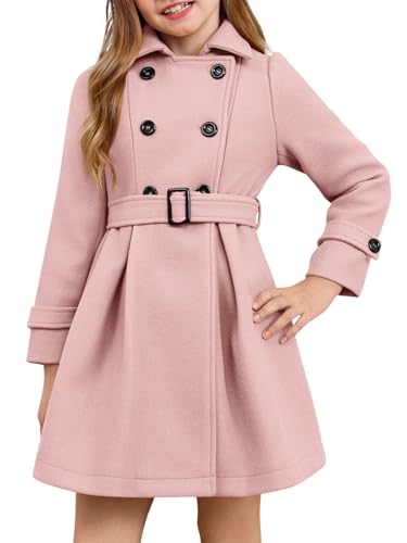 Image of Haloumoning Girls Double Breasted Pea Coat Kids Winter Lapel Belted Wool Blend Coat Outerwear 5-14 Years