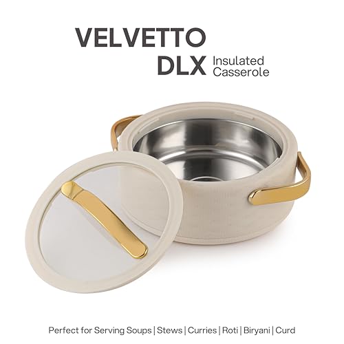 Image of CELLO Velvetto Deluxe 1500 Insulated Casserole Hot Box for Kitchen 1500 ml, Cream | Airtight See Through Lid Hot Pot Case Keeps Food Hot & Warm for Long Hours, Casserole Set for Roti, Rice & Biryani