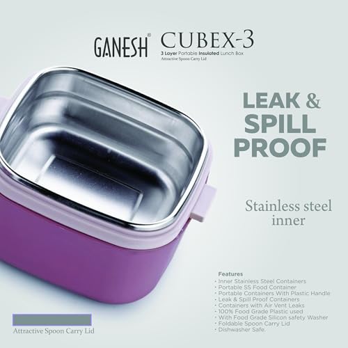 Image of Ganesh 3 Compartment Cubex Insulated Food Container with Attractive Spoon - Airtight Leak-Proof Lunch Box for Office, School, Picnic 1140ml- Peach