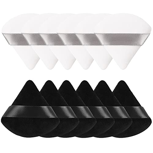 12 Pieces Pure Cotton Powder Puff Face Triangle Soft Makeup Puff for Loose Powder Body Cosmetic Foundation Sponge Mineral Powder Wet Dry Makeup Tool with Strap-Black/White
