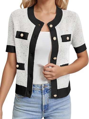 LCXWFE Womens Cropped Short Sleeve Cardigan Sweaters Crew Neck Button Down Tweed Cardigans Knitwear Tops with Pockets2
