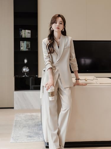 Women's 2 Pieces Suit Set Work Office Lapel Long Sleeve Belted Jacket Suit Blazer Pants Sets3