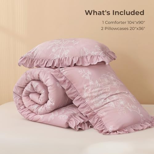 Image of Litanika Grayish Pink King Comforter Set, 3 Pieces Ruffle White Floral Farmhouse Bedding Comforter Set, All Season Soft Lightweight Fluffy Microfiber Bed Set(104x90In Comforter, 2 Pillowcases)