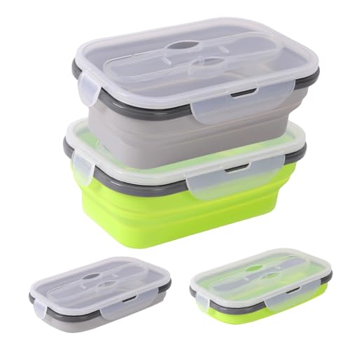 Zyluniy Recipientes de Silicona Plegable Fiambrera con Tapa 2 Piezas Plegable para Almacenamiento Fiambrera Portátil para Picnic al Aire de Alimentos, Microondas, Refrigeradores Seguros, Gris, Verde