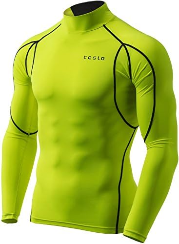 TSLA Men's Mock Long-Sleeved T-Shirt Cool Dry Compression Baselayer Top, Athletic(mut12) - Neon Yellow, Medium.