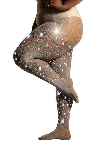Image of HONENNA Queen Plus Size 10X Strong Rhinestone Fishnet Stockings, Ultra Sparkly High Waist Tights for Women, Party Concert