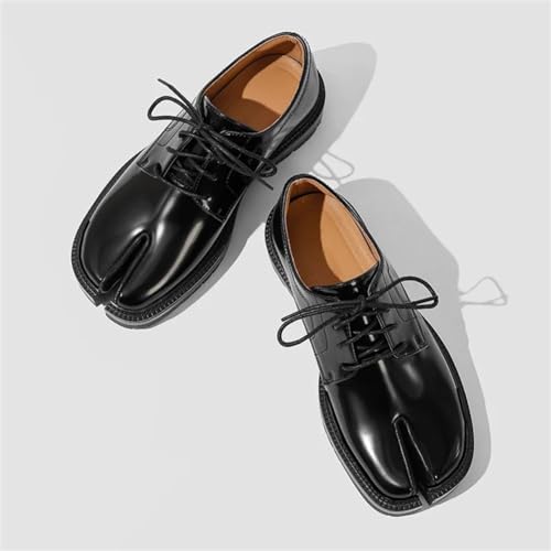 Image of Kluolandi Split Toe Loafers for Women Tabi Shoes Platform Chunky Heel Loafers Lace Up Business Casual Black Leather Shoes
