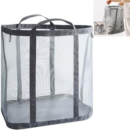 ランドリーバッグ ランドリーバスケット 収納バスケット メッシュバッグ 大容量 折りたたみ 通気性 取っ手付き メッシュ 軽量 持ち運び簡単 丈夫 壁掛け ランドリー収納 家庭用 旅行 (グレー)