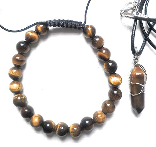 TIGER EYE MEN'S BRACELET NECKLACE GIFT SET - MENS GIFTS - 8mm Tigers Eye Crystal Stone Anxiety Bracelets, Stress Relief Adjustable Tigers Eye Aromatherapy Bracelet for Men Boyfriend Dad Husband