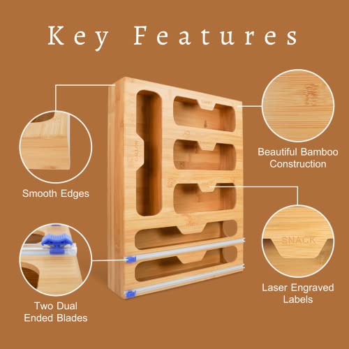 Heathervale Bamboo Ziplock Bag Organizer - 6 In 1 Sandwich Baggie Organizer Compatible With Gallon, Quart, Snack, Sandwich Storage Bags, Foil & Plastic Wrap Dispenser #TOP2