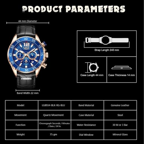 Image of LIGE Men's Watch Chronograph Genuine Brown Leather Strap Rose Gold Case with Date, Luminous Hand Analog Watches for Men | Gift for Men