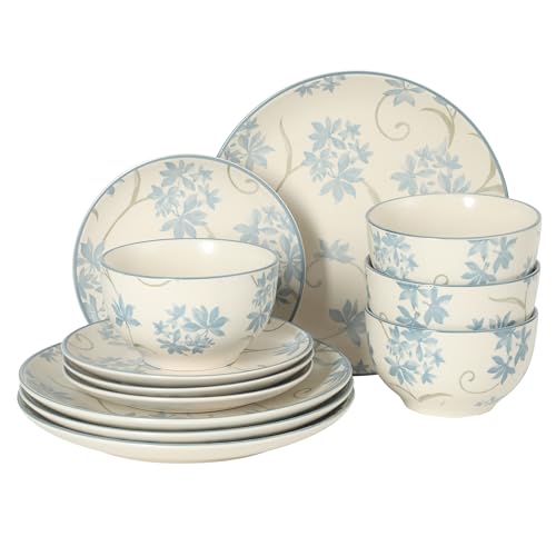 Image of Gibson Home Admiral Hall 12-Piece Matte Stoneware Dinnerware Set - Dinner Plates, Salad Plates & Bowls with Blue Floral Pattern, Durable Everyday Dish Set, Microwave & Dishwasher Safe