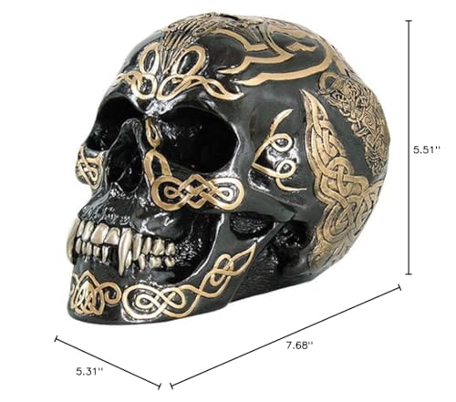 Estatua de Calavera con Patrón Celta Negro y Dorado 7 Pulgadas miniatura 2