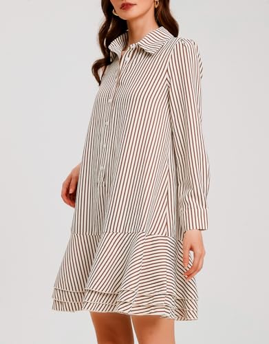 Ladyful Long Sleeve Striped Shirt Mini Dress for Women Button Down Ruffle Tiered Drop Waist Shift Tunic Short Dress4
