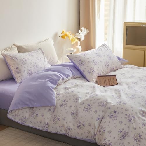 VM VOUGEMARKET Girls Duvet Cover with Purple Flower 100% Cotton Elegant Lavender Floral Bedding Set Queen Cottagecore Comforter Cover Set