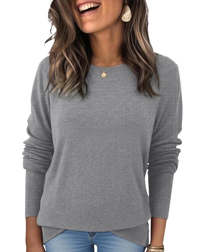 Womens Wool Blend Pullover Sweaters Crew Neck Classic Dressy Elegant Long Sleeve Fall Winter Sweater Top Grey