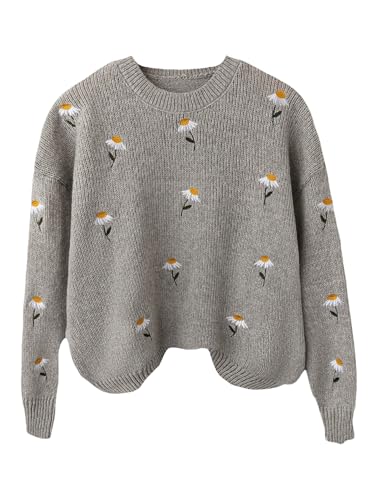 SHENHE Women's Plus Size Floral Embroidered Sweater Crochet Knit Crew Neck Asymmetrical Hem Sweaters