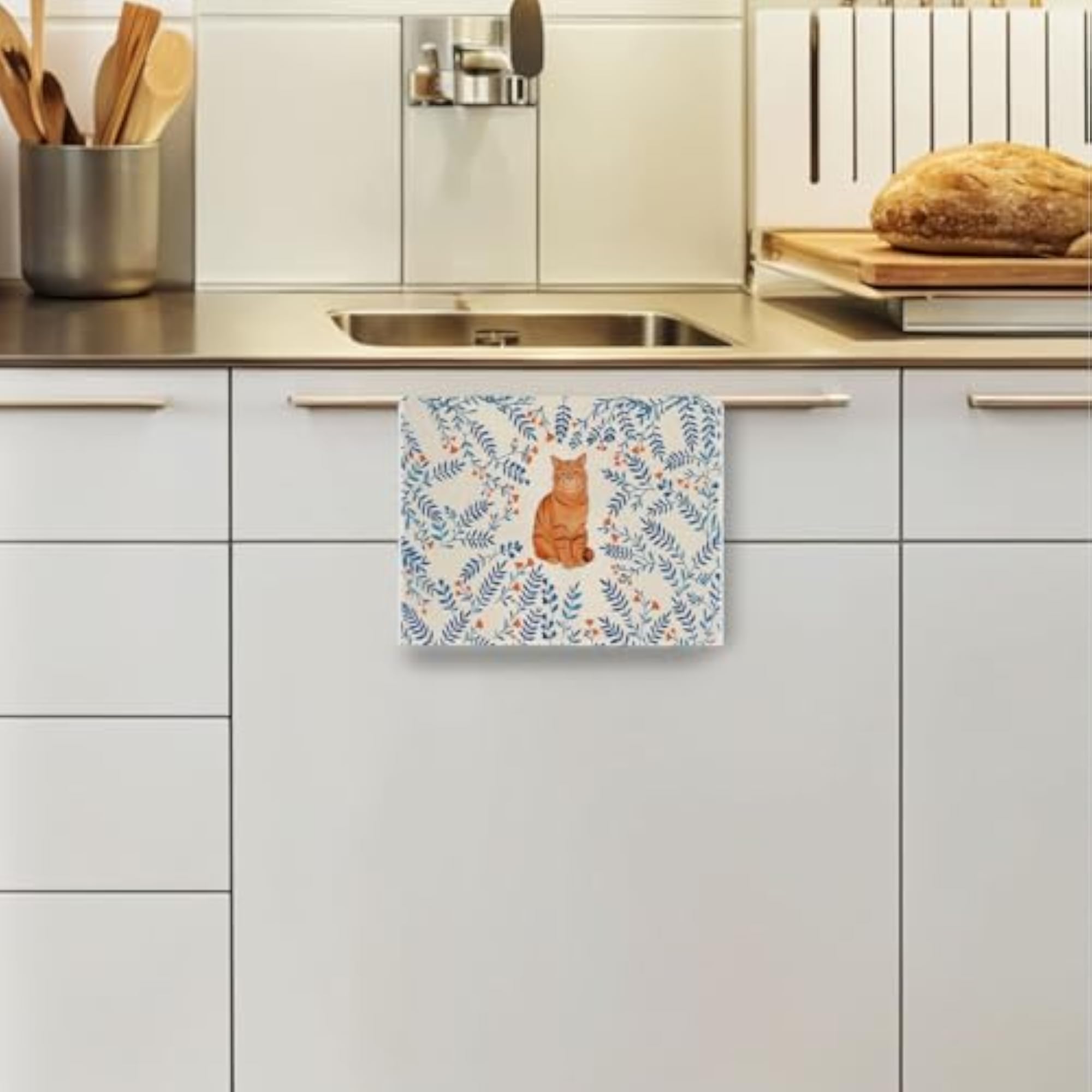 Botanical Orange Cat Kitchen Towels for Cat Lovers