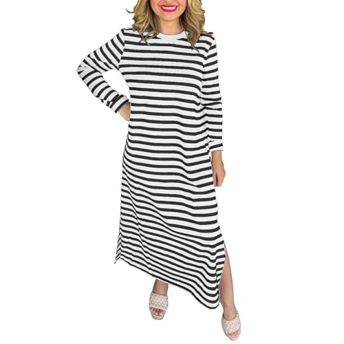Vestido de punto para mujer, vestido de invierno de gran tamaño, elegante, largo, cuello redondo, manga larga, vestido largo a rayas, vestido largo de talla grande, vestido informal con dobladillo con