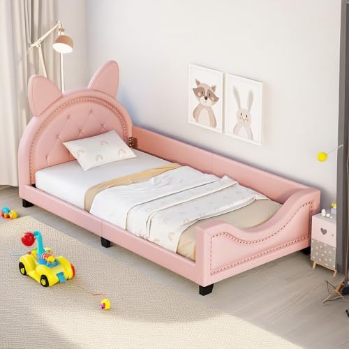 Twin Size Wood Platform Bed Frame with Carton Ears Shaped Headboard for Boys Girls Kids, Easy Assembly (Pink)