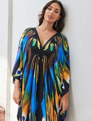 Image of KECVOT Kaftan Dresses for Women Plus Size Batwing Sleeve Caftans Long Bathing Suit Cover Up Maxi Beach Dress Loungewear