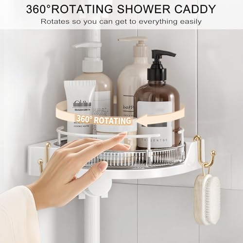Image of 360 Rotating Corner Shower Caddy Tension Pole Organizer (White) | 4-Tier rotating shelves with hooks, adjustable tray height, upgraded rustproof metal pole, removable trays for shower storage