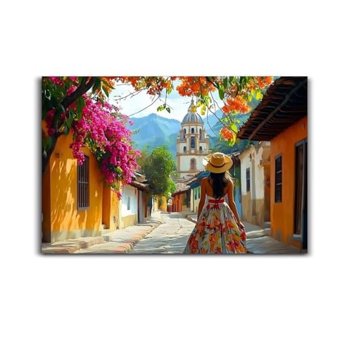 Mexican Village Street Canvas Art Print Traditional Mexican Folk Art Colorful Home Decor Unique Painting 24x36inch(60x90cm) Unframe-style