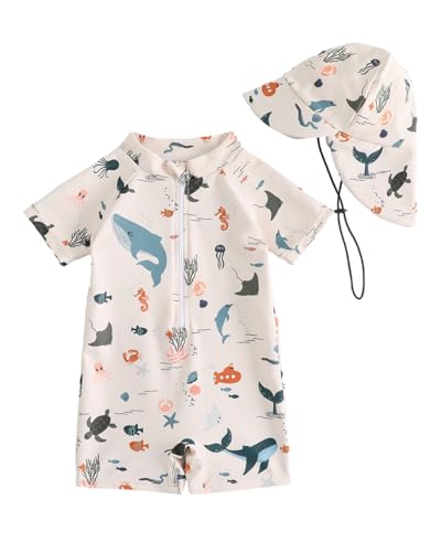 Baby Swimsuit Boys Rash Vest Set 3M-3T Short Sleeve UPF 50+ Infant Swimming Costume with Hat Zipper Toddler One Piece Rash Guard Swimwear Beige Oceam 3-6 Months
