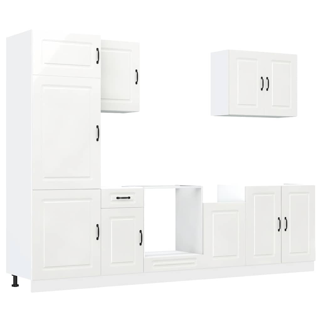 Set Mobili da Cucina 7 Pezzi Kalmar Bianco Lucido in Truciolato | Soluzione componibile salvaspazio da cucina con pensili e basi per organizzare al meglio stoviglie ed elettrodomestici.