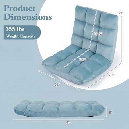 Image of Giantex Folding Floor Chair with Back Support, 14 Adjustable Position, Padded Sleeper Bed, Couch Recliner, Gaming Video Chairs for Adults, Meditation, Living Room (Lake Blue)