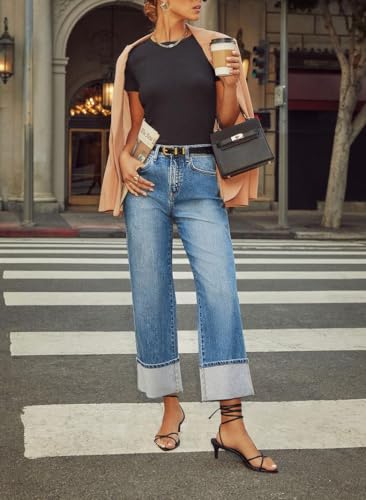 yoeasy Womens High Waisted Straight Leg Cuffed Jeans Casual Stretchy Vintage Boyfriend Denim Pants with Pockets3