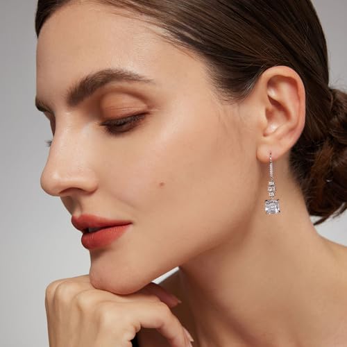18K White Gold Plated Sterling Silver Asscher Cut Cubic Zirconia Dangle Earrings for Women Square CZ Diamond Drop Dangling Earrings for Women Mom4