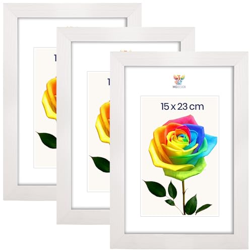 MG Design Lot de 3 Cadres photo 15 x 23 cm – Cadres en bois Blanc avec verres acryliques incassables, portrait & paysage, à accrocher et à poser