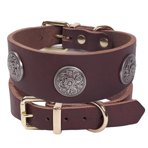 Collare per Cani in Pelle con Borchie,Forte Genuina Pelle Morbida,Heavy Duty per Piccole Razze di Cani di Medie Marrone Dimensioni(Marrone S)