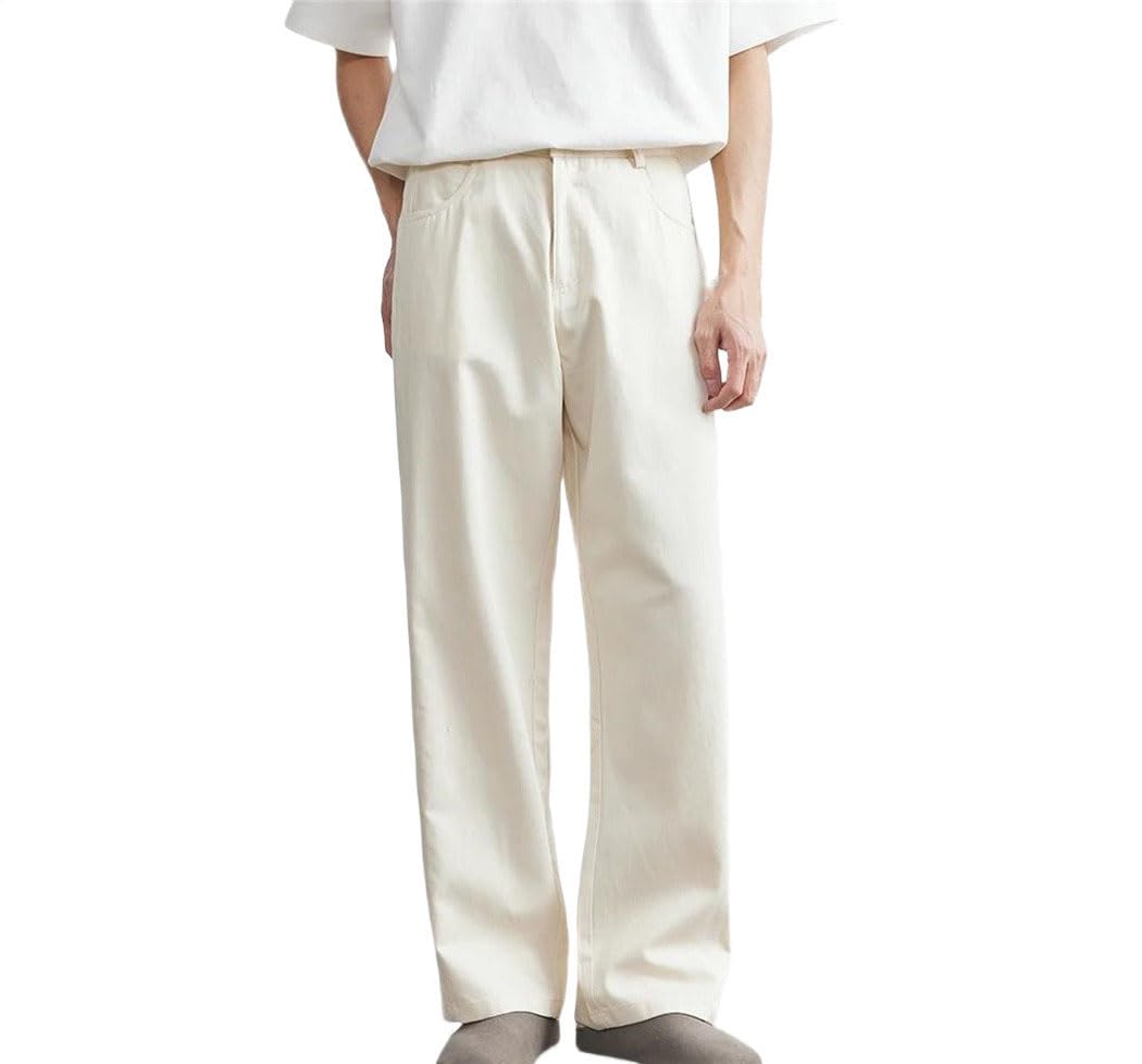 Mens Casual Washed Straight Trousers Solid Color Vintage Style Loose Fit Suit Pants with Button