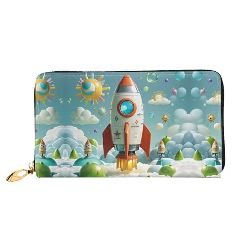 Porte-monnaie long femme en cuir mince avec pochette bifold et porte-cartes de crédit fusée
