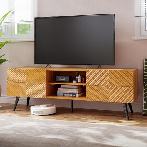 Image of Bme Rhombus Wooden TV Stand with Storage Cabinets - Solid Rubber Wood, Geometric Rhombus Pattern Doors, Scandinavian Modern Entertainment Console with Metal Base