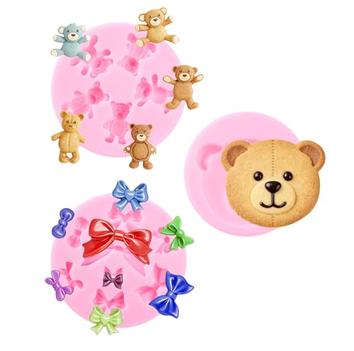 3 Stampi in Silicone a Forma di Orso, Carino Stampo a Forma di Ors, Stampo in Silicone a Formas di Fiocco Rosa, Stampos Silicones Fiocco per DIY Decorazione di Torte, Cupcake, Fondente, Cioccolato