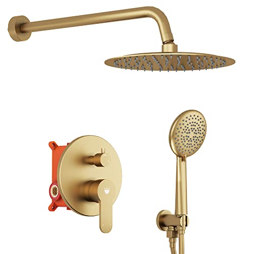 Shower System,Wall Mounted Shower Faucet Set for Bathroom, High Pressure 12" Rain Shower head with 5-Setting Handheld Shower Head,Brushed Gold Shower System,Wall Mounted Shower Faucet Set for Bathroom, High Pressure 12" Rain Shower head with 5-Setting Handheld Shower Head,Brushed Gold