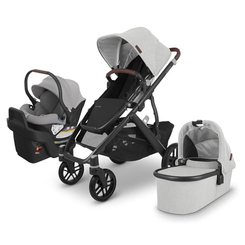 Image of UPPAbaby Travel System, Includes Vista V2 Stroller + Aria Lightweight Car Seat Combo/Bassinet, Toddler Seat, Rain Shield, Storage Bag, Car Seat, Base + Infant Insert Included/Anthony (White + Grey)