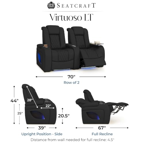Image of Seatcraft Virtuoso LT Black Italian Leather Home Theater Seating, Zero Gravity Power Recliner, Powered Headrest and Lumbar Gaming and Home Office Chair, Heat and Massage Lounge Sofa, Row of 2