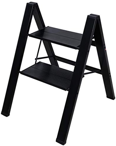 BAOYOUNI 2 Step Ladder Lightweight Folding Aluminum Step Stool Heavy Duty Stepladders Storage Shelf Rack with Anti-Slip Wide Platform for Household, Office, Painting - Black