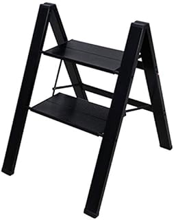 BAOYOUNI 2 Step Ladder Lightweight Folding Aluminum Step Stool Heavy Duty Stepladders Storage Shelf Rack with Anti-Slip Wide Platform for Household, Office, Painting - Black