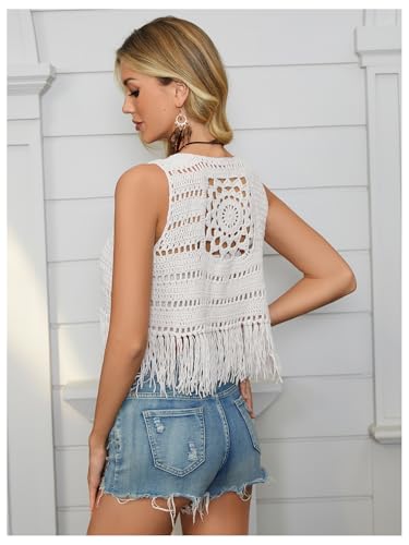 OYOANGLE Women's Boho Hollow Out Crochet Knit Sweater Vests Fringe Hem Casual Open Front Cardigan2