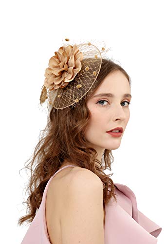Cizoe Fascinators Hats for Womens 50s Headwear with Veil Flower Cocktail Wedding Tea Party Church Derby Hat (1A-Gold)