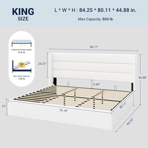 Image of Allewie King Size Velvet Lift Up Storage Bed, Modern Wingback Headboard, Hydraulic Support, No Box Spring Needed, White